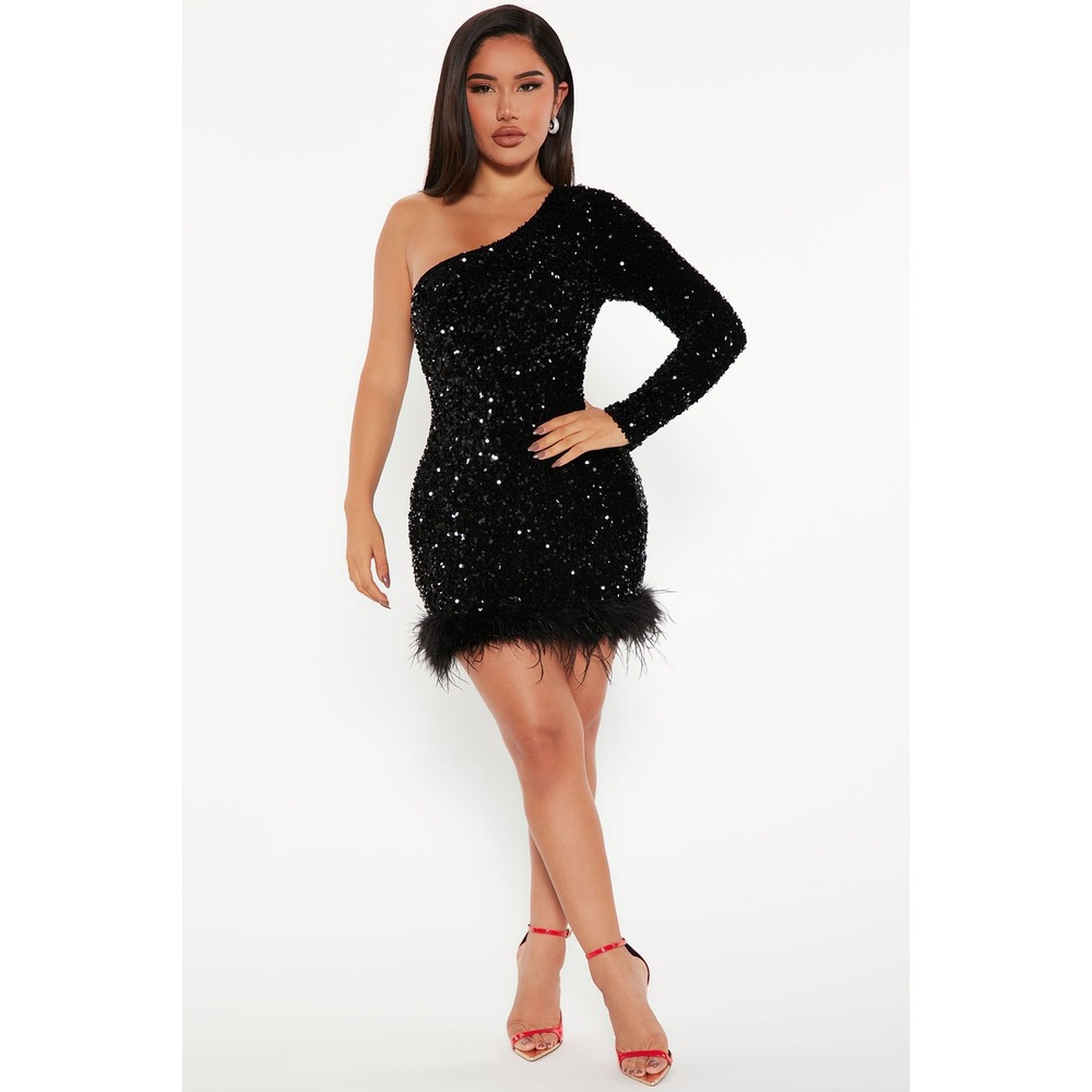 Fashion Nova Black One-Shoulder Sequin Mini Dress with Feather Trim